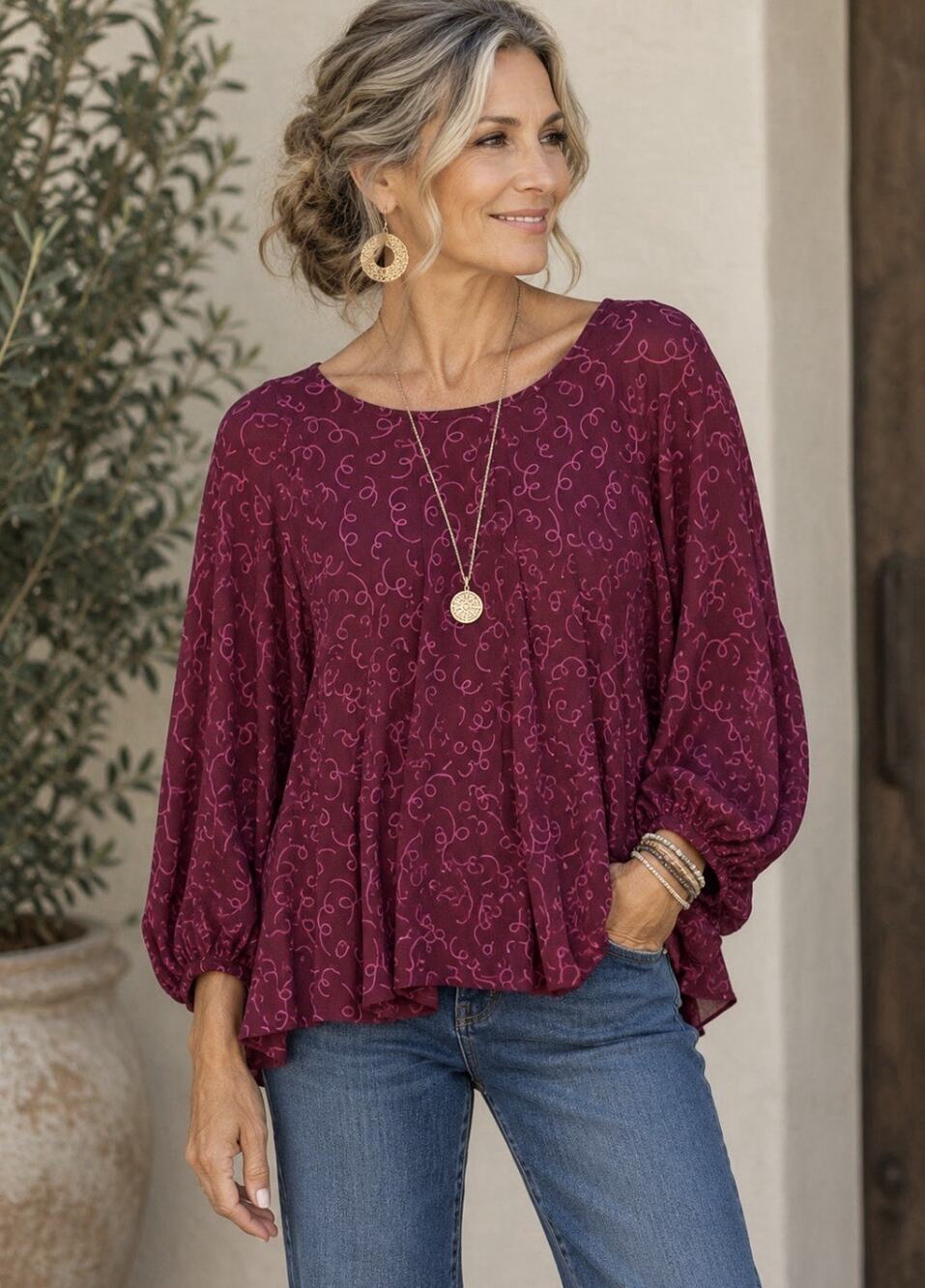 Gudrun Sjoden Burgundy Wine Balloon Sleeve Blouse Lagenlook Boho XL Aa11